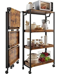 gaomon Large 4-Tier Collapsible Wooden Storage Shelf with Locking Wheels 100 lbs Capacity No Assembly Required Space-Saving Organizer