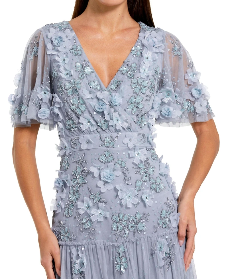 Mac Duggal Women's Floral Applique Embellished Flutter Sleeve Midi Dress