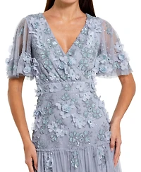 Mac Duggal Women's Floral Applique Embellished Flutter Sleeve Midi Dress