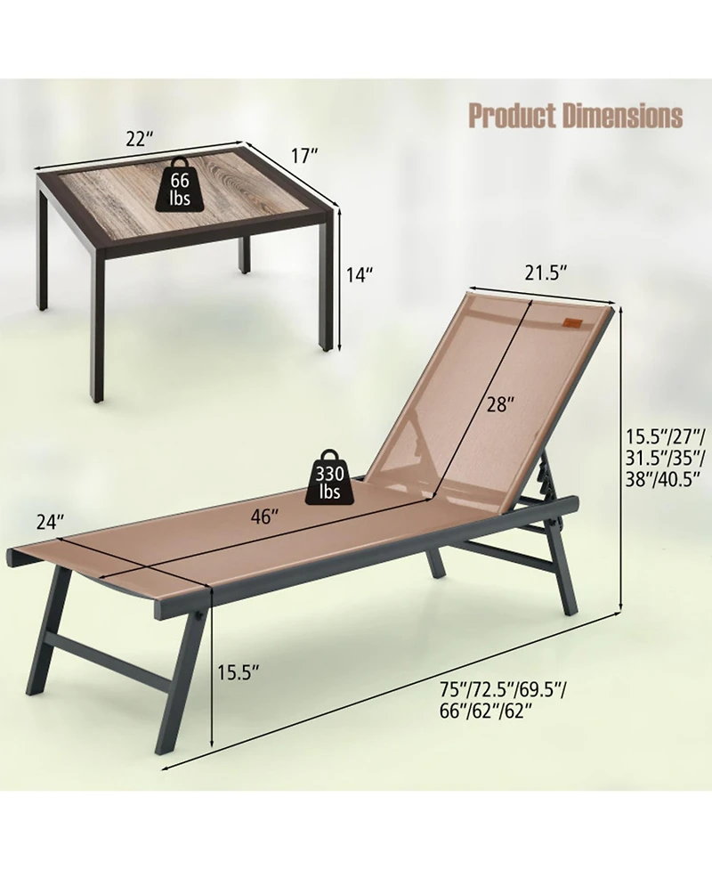 Clihome 3 Pieces Patio Chaise Lounge Set with Table for Poolside Yard