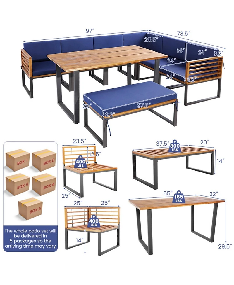 Clihome 8 Pieces Patio Acacia Wood Dining Set with Ottoman Cushions
