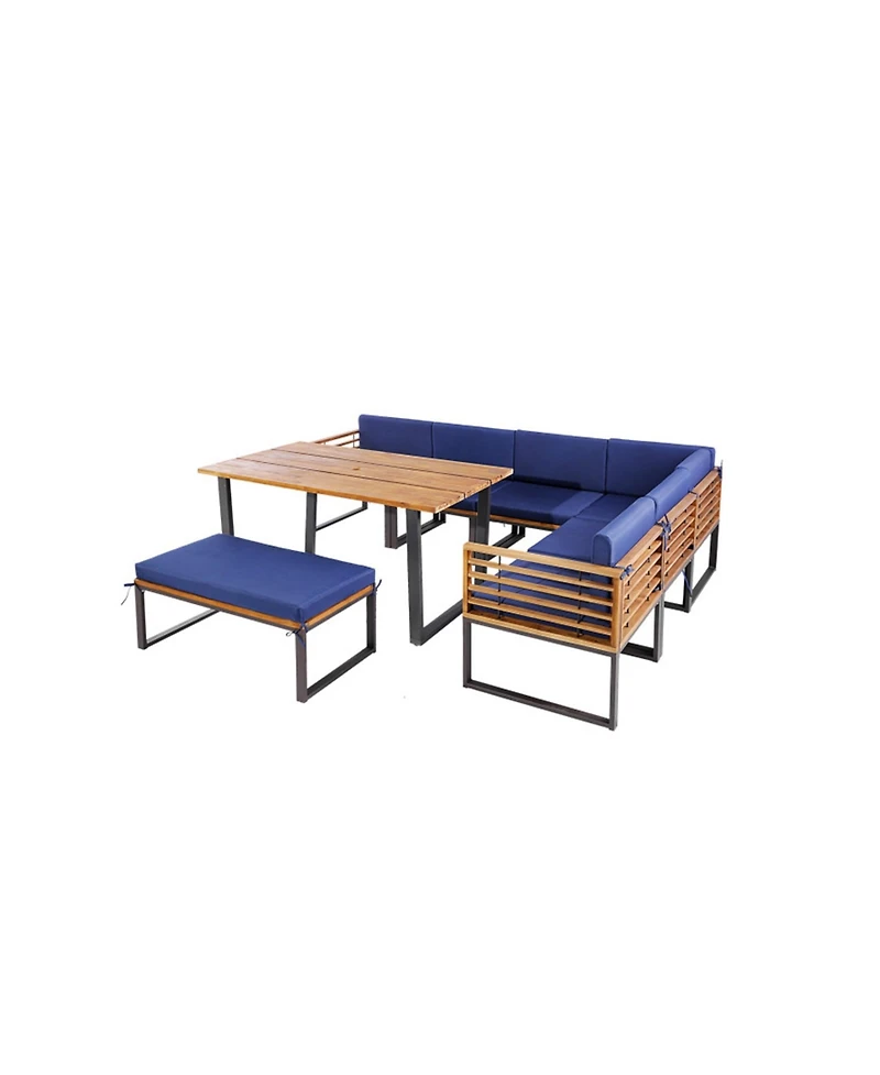 Clihome 8 Pieces Patio Acacia Wood Dining Set with Ottoman Cushions