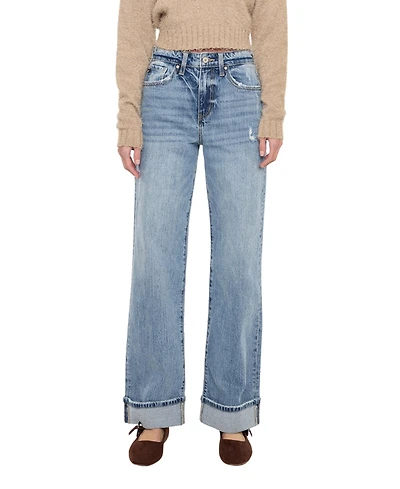 KanCan Women's Kolbie High Rise Cuffed Wide Leg Jeans