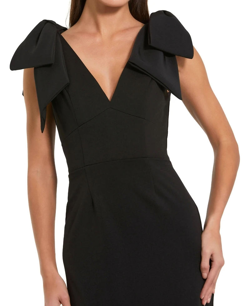Mac Duggal Petite Statement Bow Shoulder Crepe Midi Dress