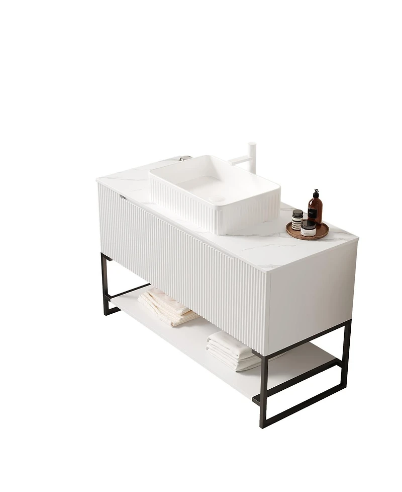 Sillysis Inch Freestanding Bathroom Vanity with Ceramic Basin, Carrara Sintered Stone Top, Soft Close Storage, Pre-assembled