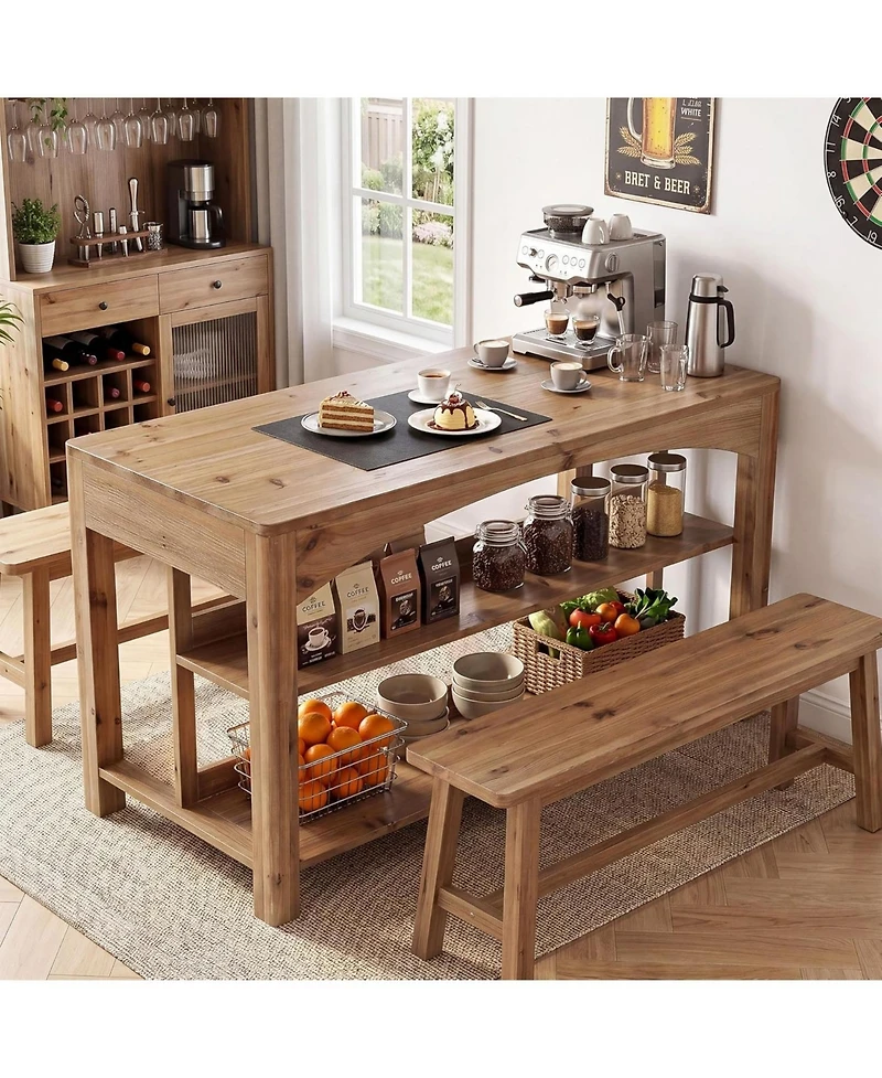 Tribesigns 3-Tier Solid Wood Kitchen Island, 59'' Stationary Island Table with Open Shelves, Large Prep Table