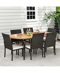 Gymax 9 Pcs Patio Rattan Dining Set Acacia Wood Table and 8 Patio Wicker Armchairs