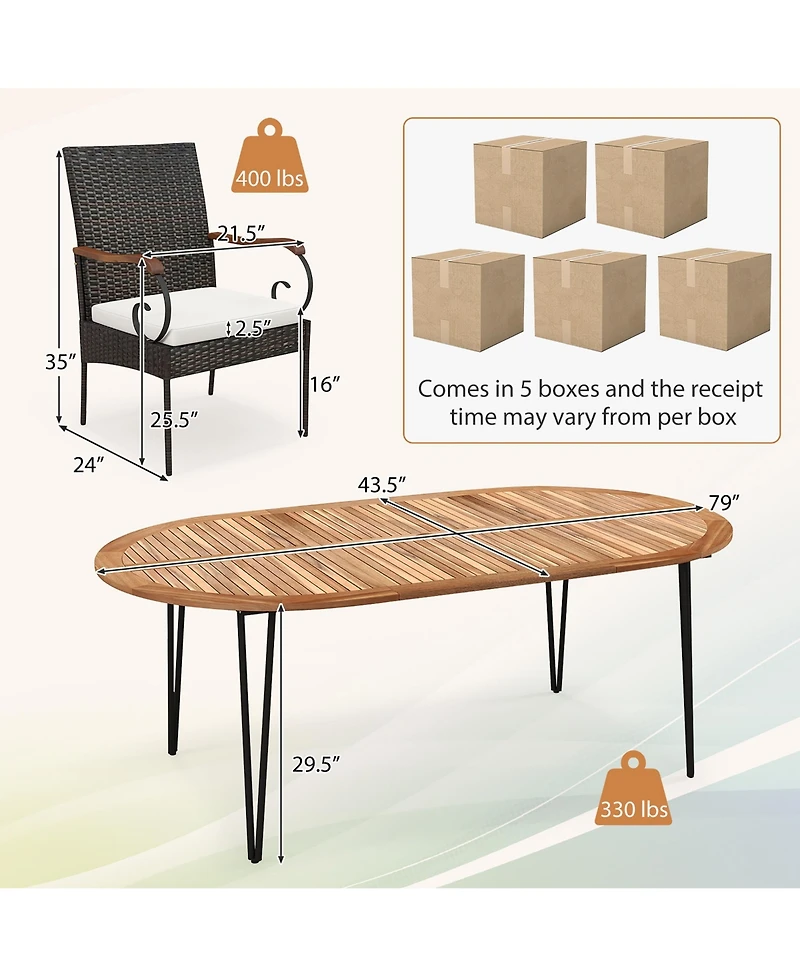 Gymax 9 Pcs Acacia Wood Table and 8 Patio Wicker Armchairs Patio Rattan Dining Set