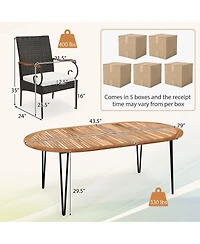 Gymax 9 Pcs Acacia Wood Table and 8 Patio Wicker Armchairs Patio Rattan Dining Set