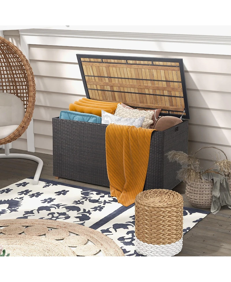 Gymax 134 Gallon Patio Wicker Storage Deck Box with Solid Acacia Wood Backyard