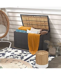 Gymax 134 Gallon Patio Wicker Storage Deck Box with Solid Acacia Wood Backyard