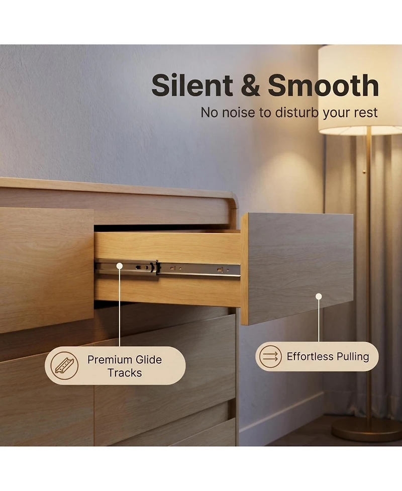 Rainsken Modern 6 Drawers Dresser, with Spacious Countertop, Curved Edge Design, Wood Storage Cabinet with Concealed Handles, for Bedroom,Living Room