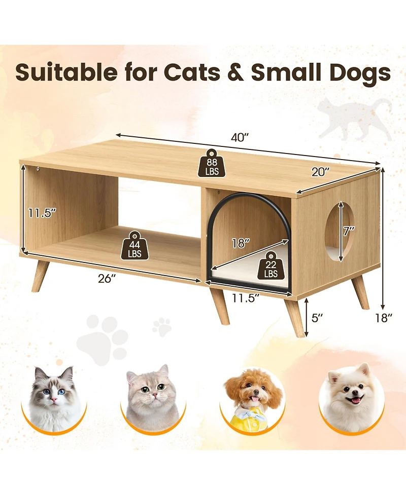 Gymax 40'' Coffee Table w/ Cat House 2-in-1 Farmhouse Cat Furniture Coffee Table