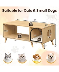 Gymax 40'' Coffee Table w/ Cat House 2-in-1 Farmhouse Cat Furniture Coffee Table