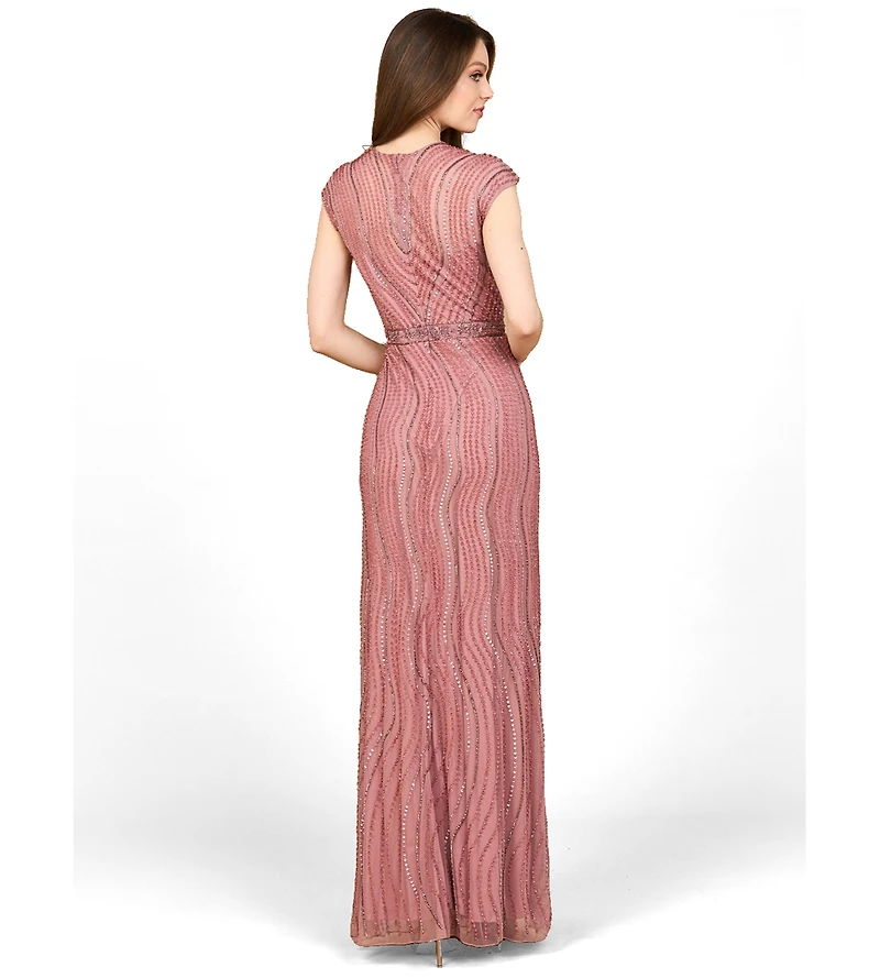 Lara Women's Cap Sleeve, Illusion Neck Beaded Gown