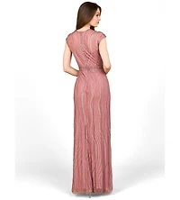 Lara Women's Cap Sleeve, Illusion Neck Beaded Gown