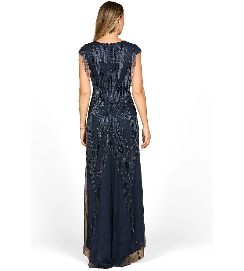 Lara Women's Beaded Fringe V-Neckline Dress with Cap Sleeves