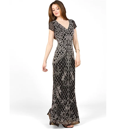 Lara Women's Cap Sleeve Mermaid Beaded Gown