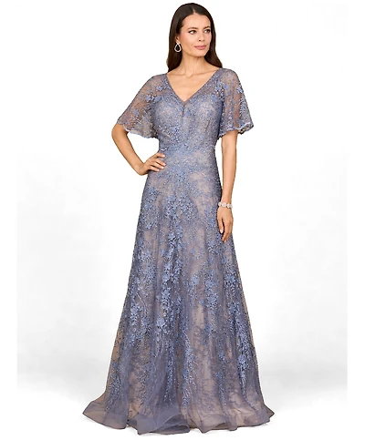 Lara Women's Elegant Cape Sleeve A-line Gown