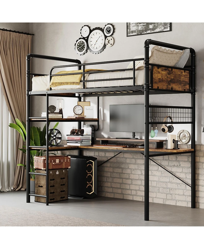 homfan Heavy Duty Twin Metal Loft Bed with L-Shaped Desk, 2 Storage Shelves and Decorative Mesh