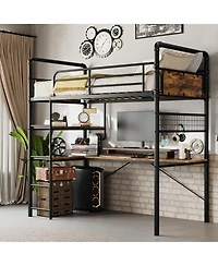 homfan Heavy Duty Twin Metal Loft Bed with L-Shaped Desk, 2 Storage Shelves and Decorative Mesh