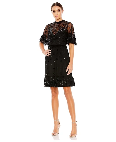 Mac Duggal Women's Embellished Illusion High Neck Mini Dress