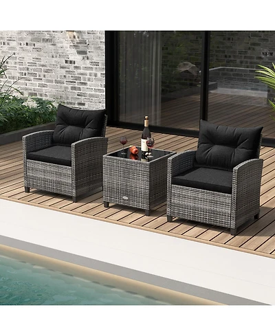 Gymax 3 Pcs Patio Furniture Set Outdoor Pe Rattan Chair and Table Set w/ Tempered Glass