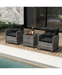 Gymax 3 Pcs Patio Furniture Set Outdoor Pe Rattan Chair and Table Set w/ Tempered Glass