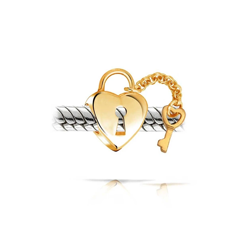 Bling Jewelry Two Tone Heart Lock & Key Charm Bead Gold Plated Sterling Silver Fits European Bracelet