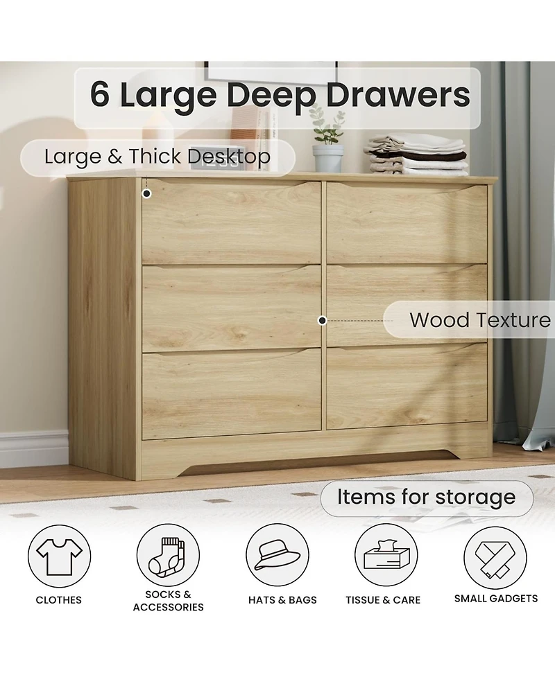 gaomon Wooden Dresser with 6 Drawers, Tall Modern Closet Deep Storage, Large Chest of Drawers Wide Top, Long Storage