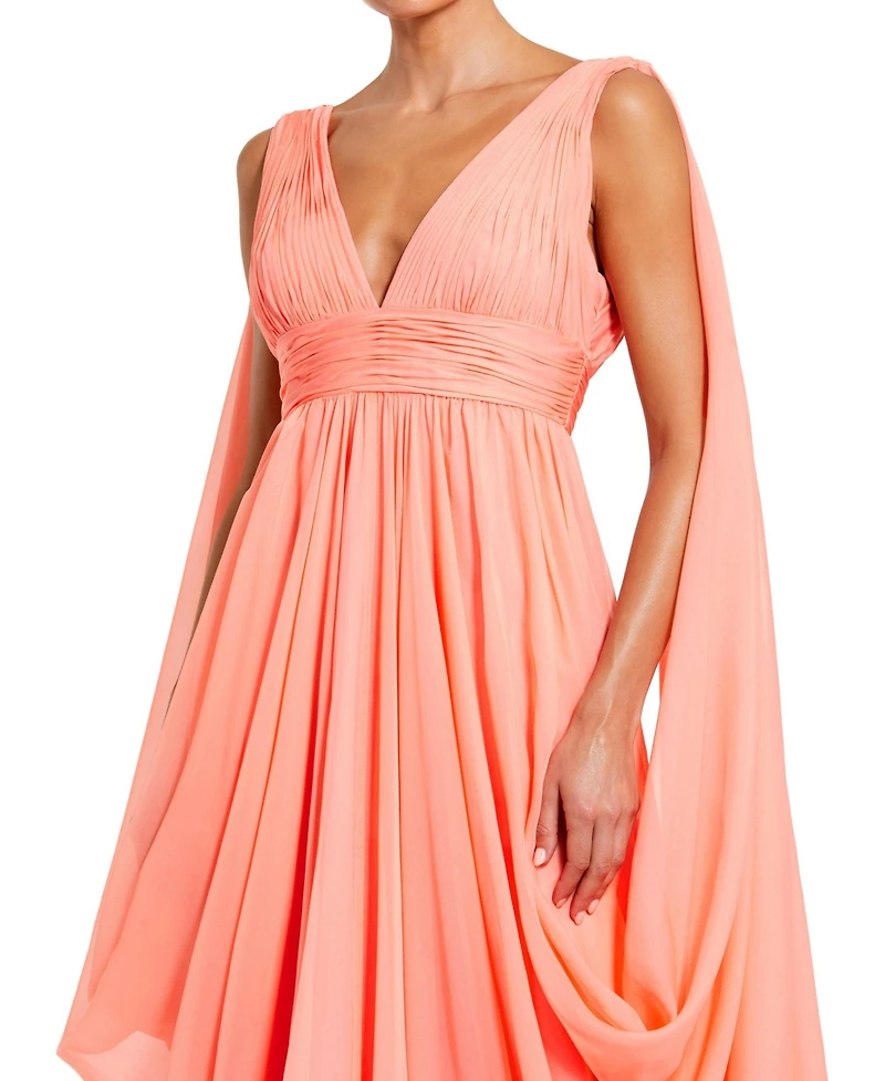 Mac Duggal Women's Pleated V-Neck Chiffon Cape Gown