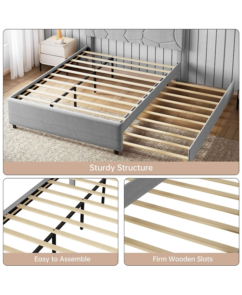 homfan Bed Frame with Trundle, Upholstered Platform Frame, Pull Out Headboard, Wood Slat Support, for Bedroom