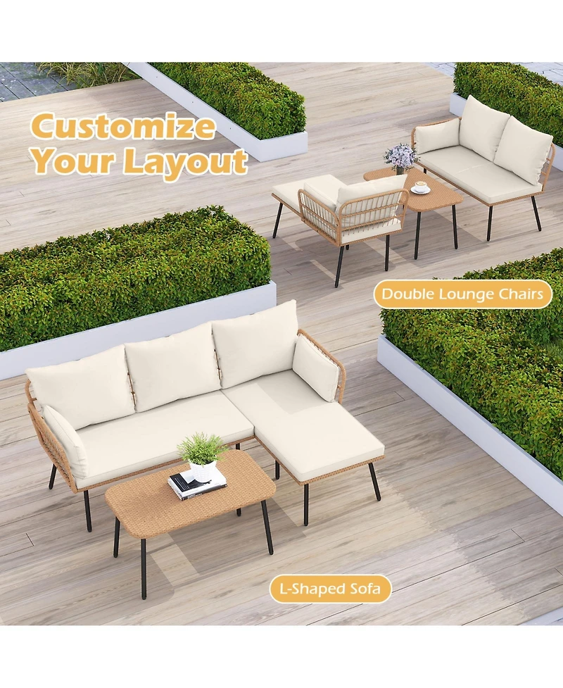 Gymax 3 Pieces L-Shaped Patio Furniture Set with Coffee Table Removable Cushions