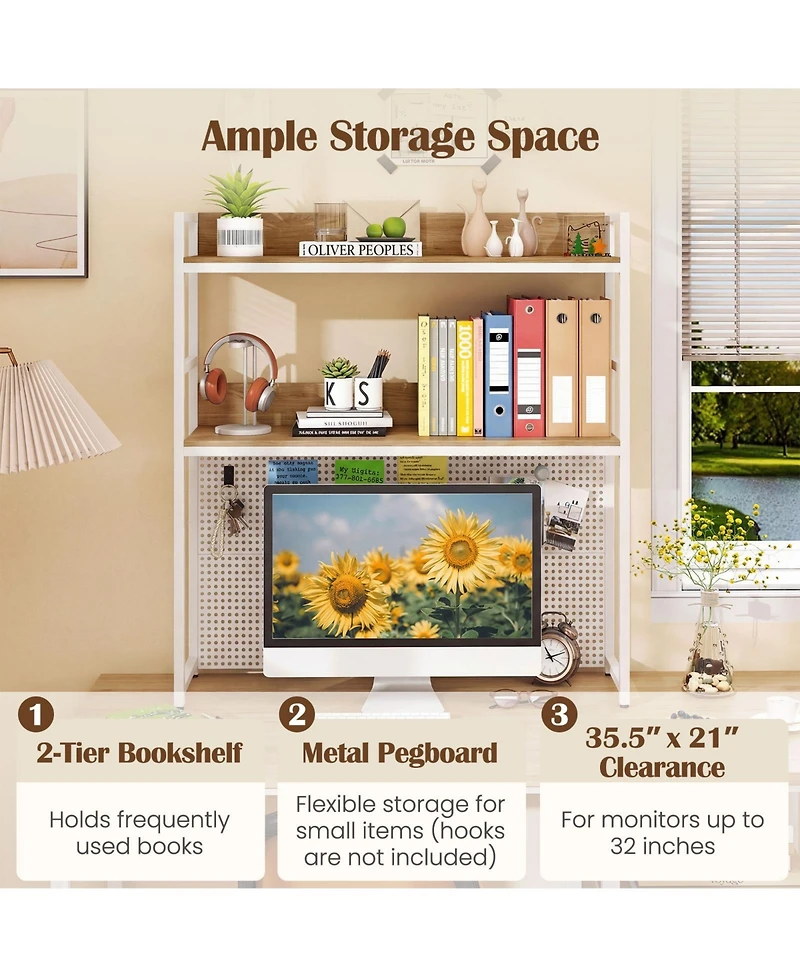 Gymax 2-Tier Countertop Desktop Bookshelf with Metal Pegboard 2 Anti-tipping Devices