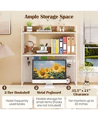 Gymax 2-Tier Countertop Desktop Bookshelf with Metal Pegboard 2 Anti-tipping Devices