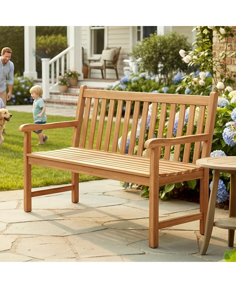 Gymax Teak Porch Bench 2-Person Solid Wood Garden Patio Bench w/ Backrest and Armrests