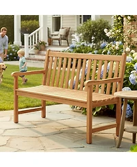 Gymax Teak Porch Bench 2-Person Solid Wood Garden Patio Bench w/ Backrest and Armrests
