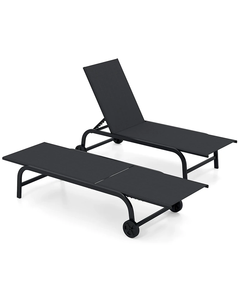 Gymax Outdoor Chaise Lounge Chair Set of 2 with Wheels 6-Position Recliner with 80-DegreeFull Flat