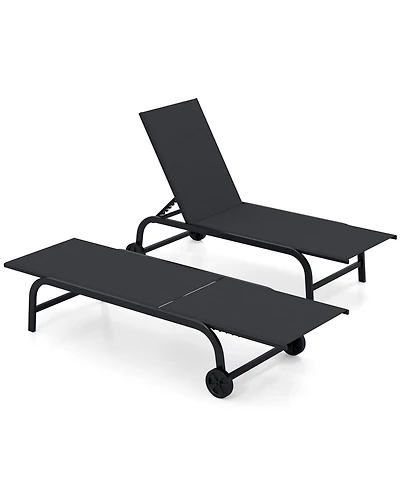 Gymax Outdoor Chaise Lounge Chair Set of 2 with Wheels 6-Position Recliner with 80-DegreeFull Flat