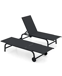Gymax Outdoor Chaise Lounge Chair Set of 2 with Wheels 6-Position Recliner with 80-DegreeFull Flat