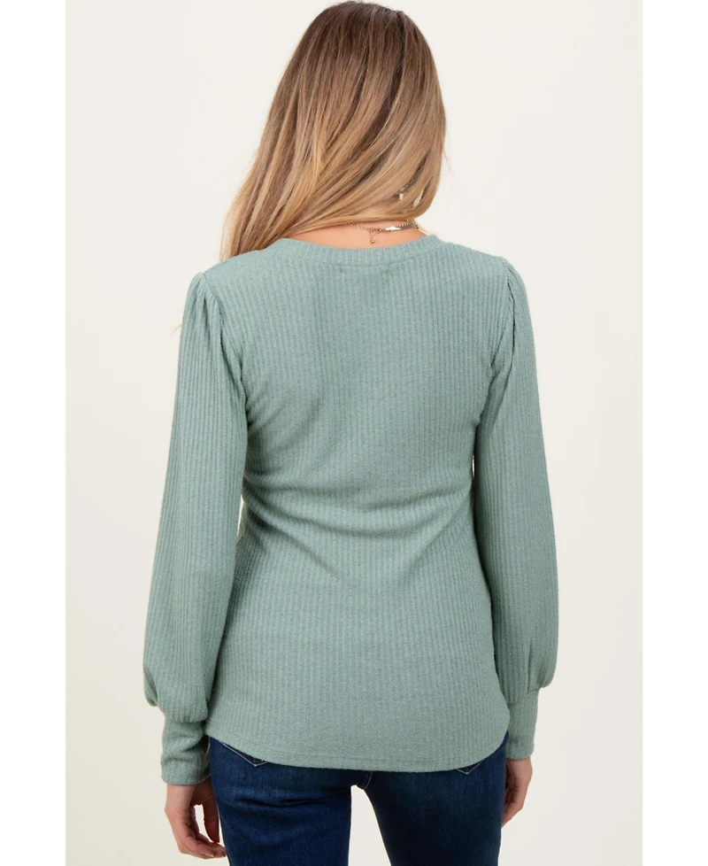 Pinkblush Maternity Light Olive Ribbed Knit V-Neck Button Cuff Top