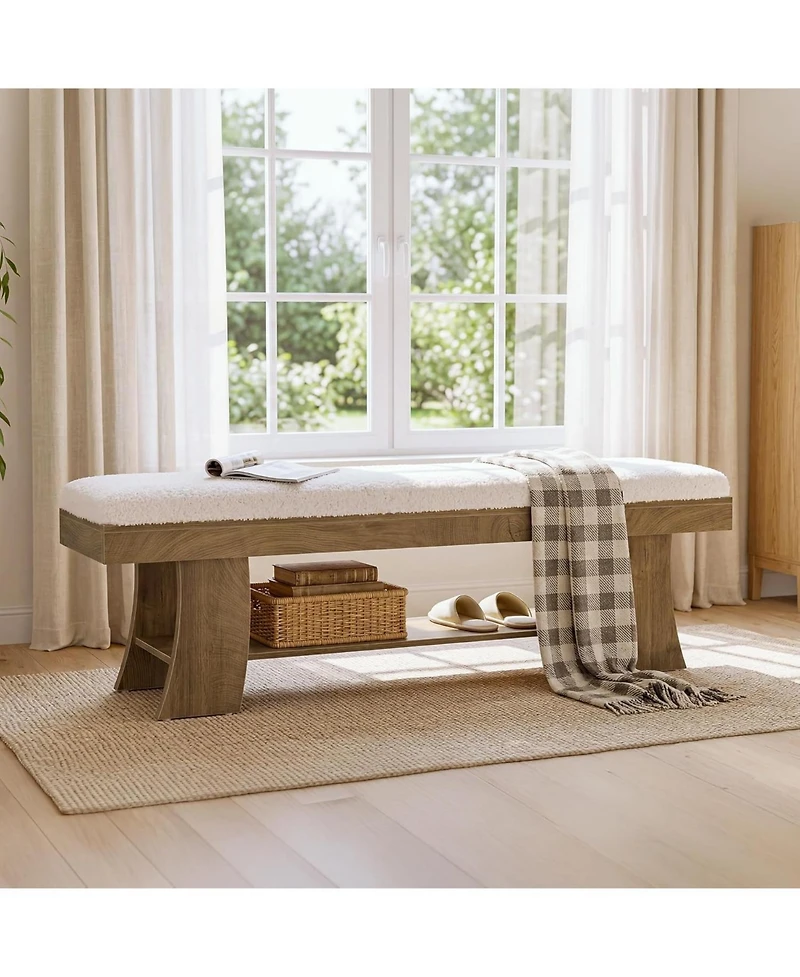 Tribesigns Upholstered Entryway Bench with Storage Shelf, Indoor Cushioned Shoe Bench Seat, Farmhouse Skinny End of Bed Benches