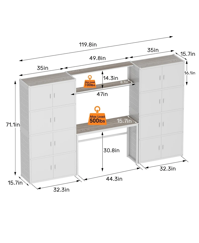 5-Shelf Heavy-Duty Garage Cabinet and Workstation System w/ Side Pegboards, White (120 in. W x 71 in. H x 16 in. D