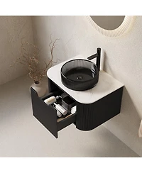 Sillysis Wall Mounted Bathroom Vanity with Glass Vessel Sink, 3D Stripe Plywood Cabinet, Soft Close Drawer