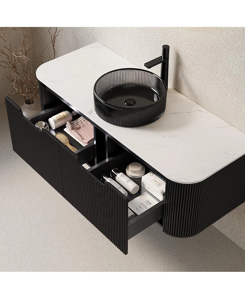 Sillysis Wall Mounted Bathroom Vanity with Glass Vessel Sink, 3D Stripe Plywood Cabinet, Soft Close Drawer, Pre-assembled