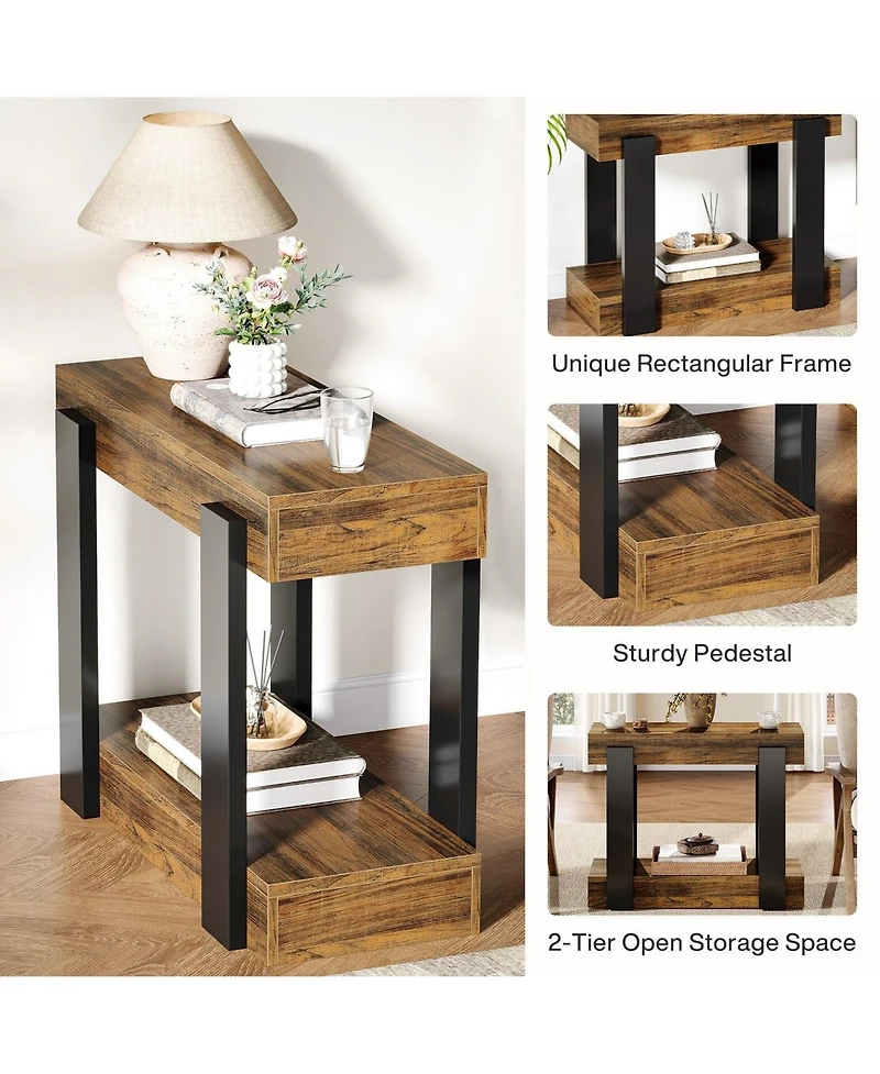 Slickblue Farmhouse Side Table with Open Storage Shelf and Rustic Design