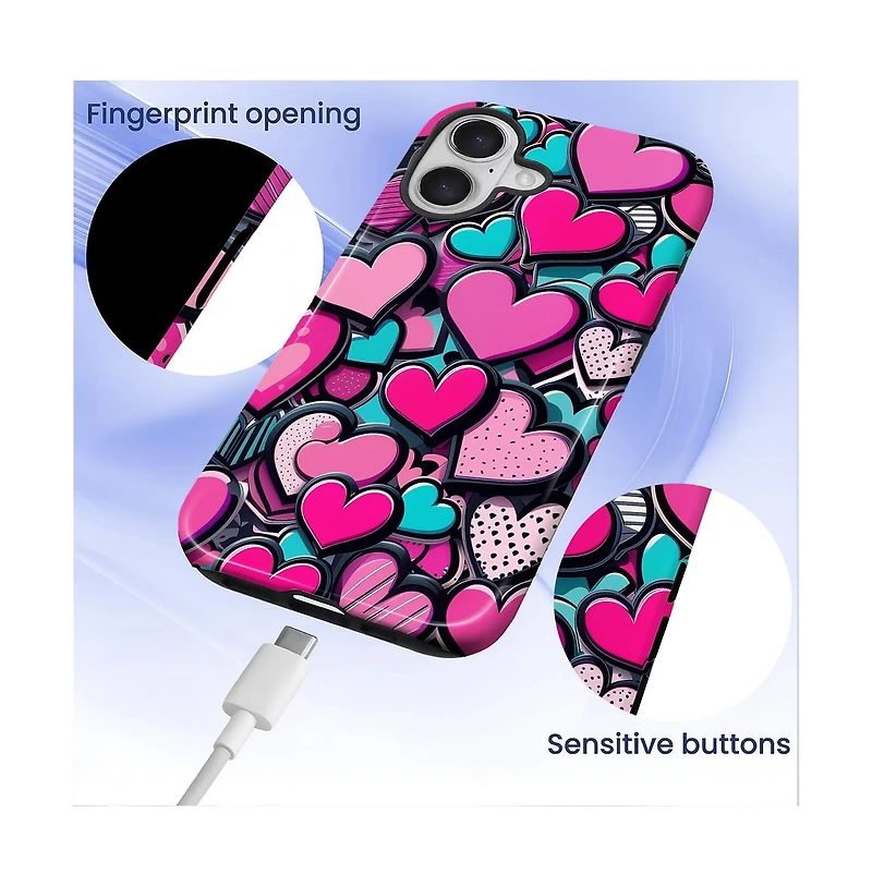 Gonez Case for iPhone 17, 2-in-1 Dual-Layer Shockproof Protection, Cute Heart Print Glossy