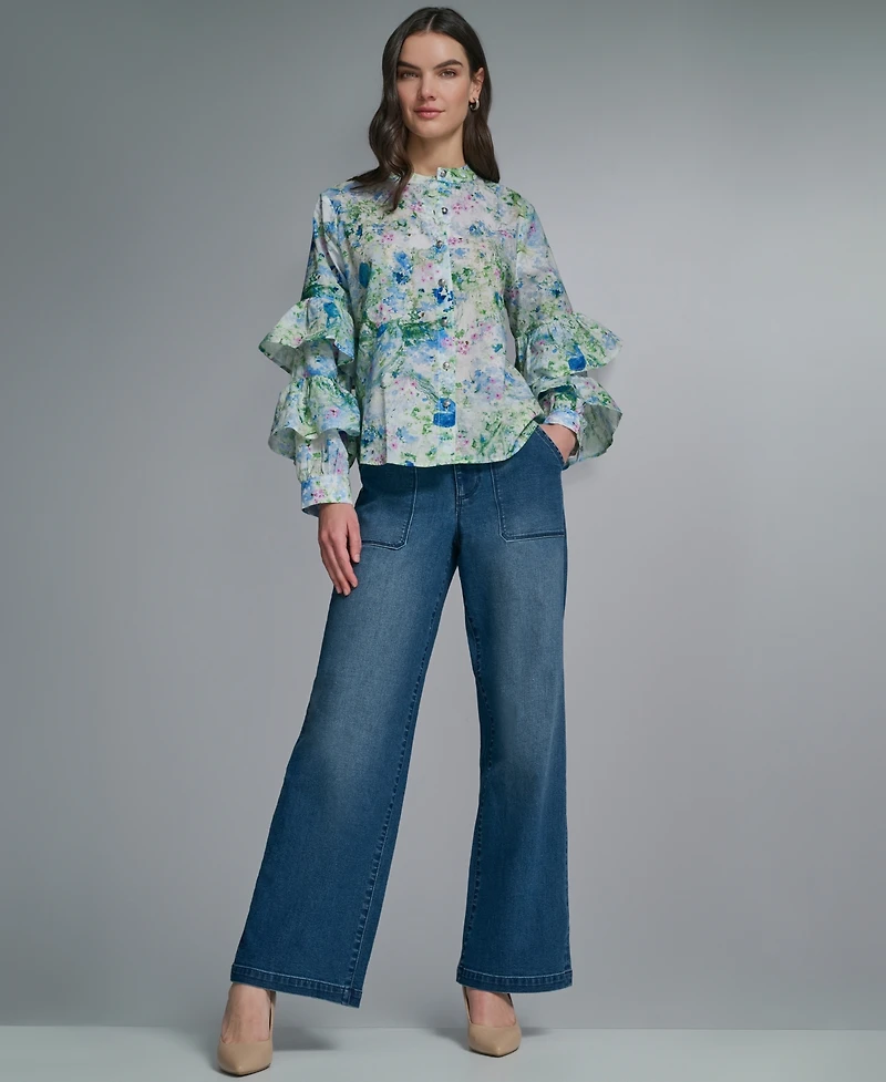Karl Lagerfeld Paris Women's Long-Sleeve Collared Printed Shirt
