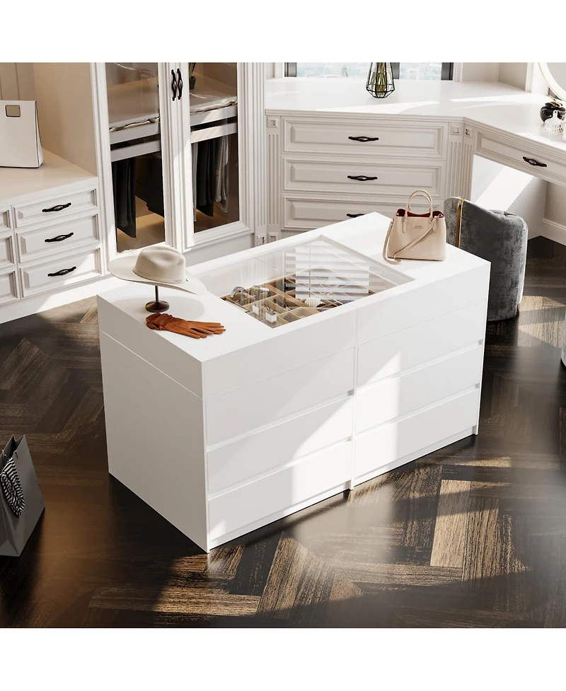 Homsee Modern 63 Inch 12-Drawer Bedroom Island - Tempered Glass Top | Engineered Wood | Smooth Glide Drawers