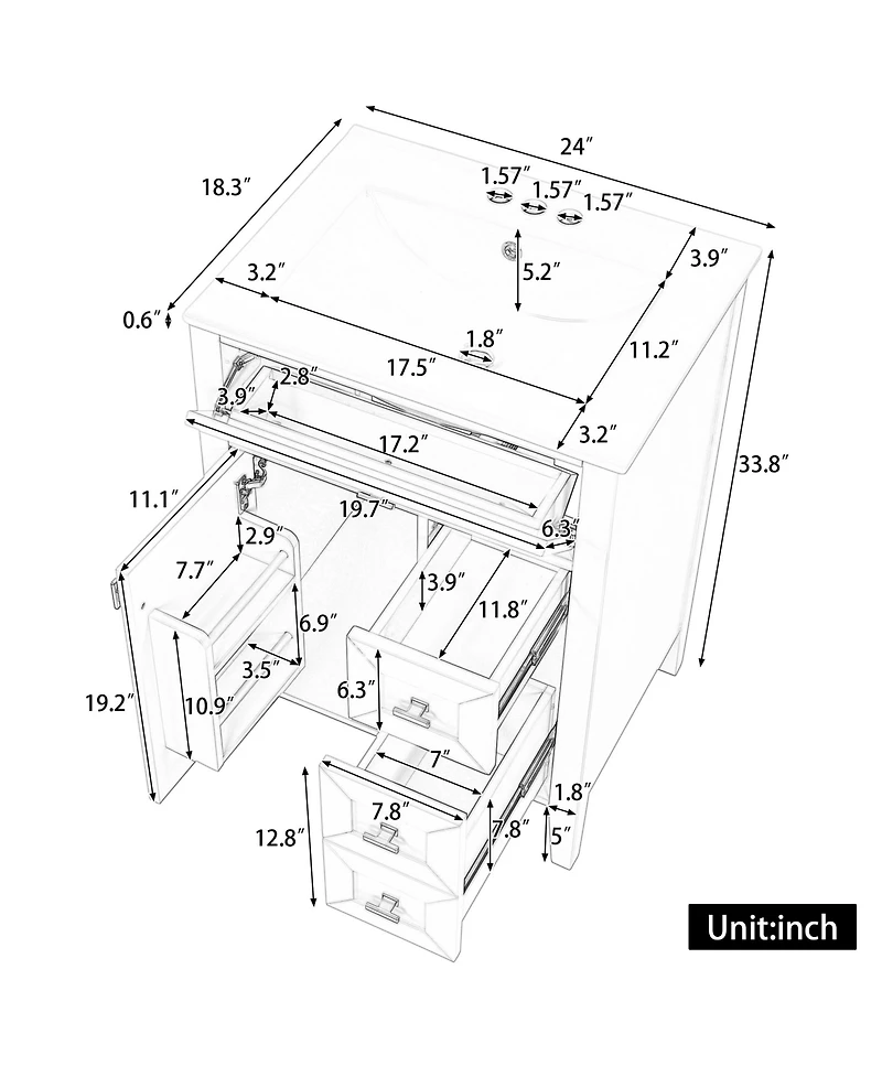 Busdays 24 Inch Bathroom Vanity with Sink Mdf and Rubberwood Construction 3 Drawers and Cabinet with 2 Tier Door Storage Rack Soft Close